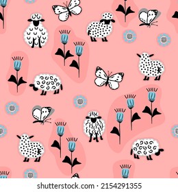 Stylized seamless repeat pattern with black white sheep, butterflies and blue flowers on pastel pink.Childish background and texture for printing on fabric and paper.Vector hand drawn illustration.
