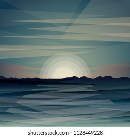 Stylized seascape with full moon at the night sea. Romantic vector illustration