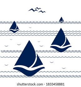 Stylized seascape with sailboats, waves and gulls. Sea background. Vector illustration. 