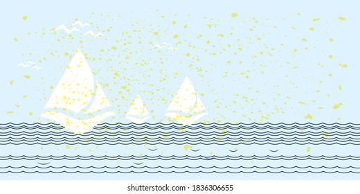 Stylized seascape with sailboats, waves and gulls. Vector illustration with space for your text.