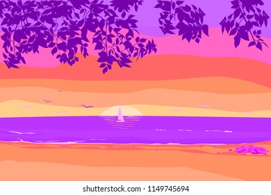 Stylized seascape sunset. Nature is a wild beach with a tree and leaves.