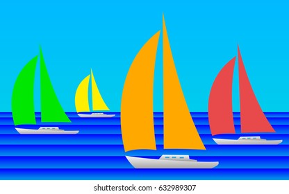 Stylized seascape with yachts with sails of different colors