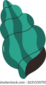 A stylized seashell with bold lines and smooth curves. The shell features a spiral pattern with a glossy finish. Cartoon vector illustration.