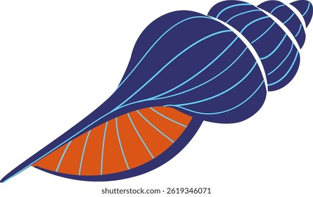A stylized seashell is depicted with bold lines and flat shapes.  The marine image presents a shell with layered curves and a vibrant interior. Cartoon vector illustration