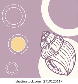 Stylized Seashell with Geometric Circles on Purple Background marine ocean