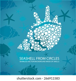 Stylized seashell made of white dots (circles), vector. Seamless background from marine invertebrates.