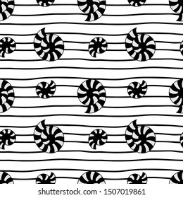 Stylized seashells on striped background, hand drawn vector seamless pattern. Black on white