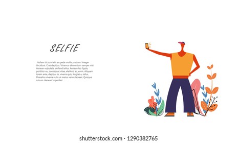 Stylized selfie guy with leaves on a white background. Young boy with a phone in his hand, a yellow t-shirt and a baseball cap makes a selfie. Vector illustration of a young man on vacation or tourism