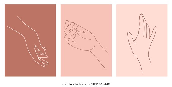 Stylized set of elegant female hands. Contemporary aesthetic background with different women's hand gestures. Mid century modern minimalist art print. 