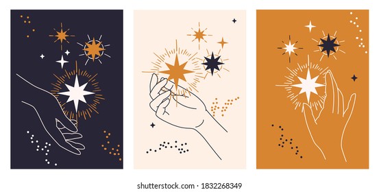 Stylized set of elegant female hands and stars. Contemporary aesthetic background with different women's hand gestures.  Modern boho minimalist art print. 