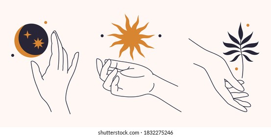 Stylized set of elegant female hands and symbols, Moon, Sun, plant. Contemporary aesthetic boho background with different women's hand gestures. Mid century modern minimalist art print. 