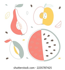 A stylized set of fruits and berries. Vector isolated elements drawn by hand. Stylish colorful illustration, apple, pear, plum, watermelon.