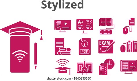 stylized set. included chemistry, exam, ebook, smartphone, pdf, books, cap, test, instructor, homework, online-learning, click icons. filled styles.