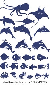 stylized set of marine animals and fish made on a white background in blue