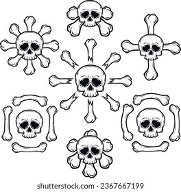 Conjunto estilizado de huesos esqueléticos con cráneo. Tatuaje, diseño de Halloween y decoración. Líneas muy detalladas y precisas para impresión o grabado