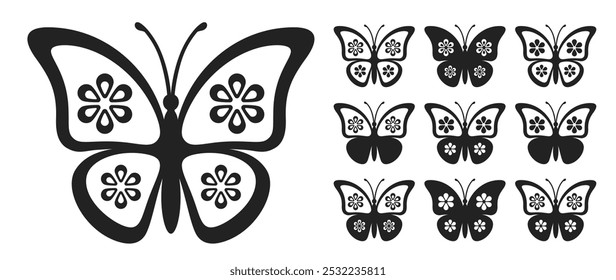 Stylized set of vector butterflies monarch with floral patterns on wings. Ideal for creative projects, branding and decor. Minimalist black and white versatile design for stickers, icons or prints