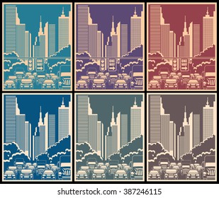 Stylized several vector illustration with the image of the city streets and city traffic