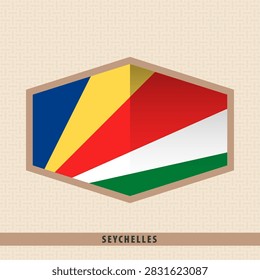 Stylized Seychelles national flag inside a geometric hexagon frame.