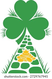 Stylized shamrock tree with a path of gold coins leading forward. Flat vector illustration symbolizing Irish luck and St. Patrick’s Day.