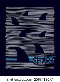 Stylized Shark T-Shirt Design Modern shark-themed print featuring stylized shark fins emerging from the water in a minimalist and abstract design. The background consists of horizontal lines represent