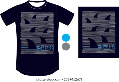 Stylized Shark T-Shirt Design Modern shark-themed print featuring stylized shark fins emerging from the water in a minimalist and abstract design. The background consists of horizontal lines represent