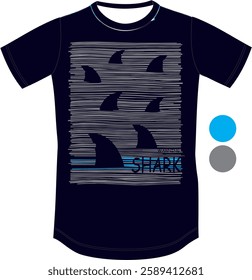 Stylized Shark T-Shirt Design Modern shark-themed print featuring stylized shark fins emerging from the water in a minimalist and abstract design. The background consists of horizontal lines represent