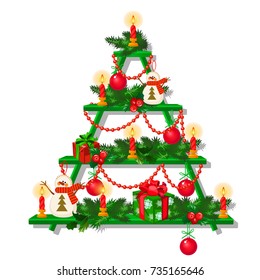 Stylized shelf with Christmas decorations, cute baubles isolated on white background. Sample of holiday poster, card, party invitation. Idea of festive interior. Vector cartoon close-up illustration.