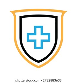 A stylized shield with a blue cross on a white background, outlined in black and yellow.