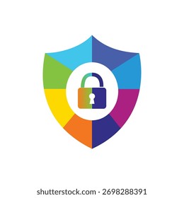 Um escudo estilizado composto por segmentos coloridos circunda um ícone de cadeado proeminente. Essa metáfora visual representa segurança robusta, proteção de dados e segurança digital.