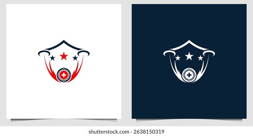 A stylized shield design incorporating stars, a target symbol, and vibrant colors. Evokes concepts of security, protection, accuracy, and hitting the mark