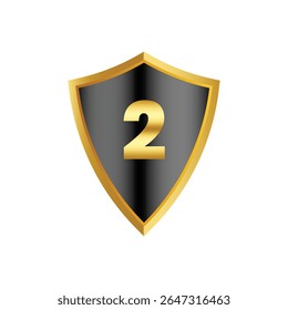 A stylized shield emblem dominates the composition, presented against a stark white background. 
