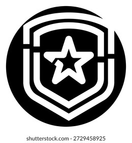 Emblema de escudo estilizado com uma estrela em seu centro, fechado dentro de um círculo preto arrojado, representando proteção, qualidade e temas militares em um design vetorial gráfico