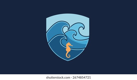 A stylized shield featuring dynamic blue waves and a prominent orange seahorse, symbolizing marine life and protection.