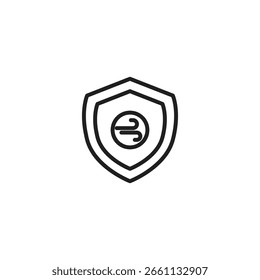 Um ícone de escudo estilizado com um símbolo circular contendo três linhas curvas ou lâminas dentro dele.