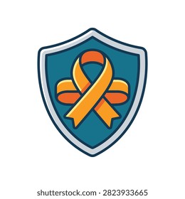 A stylized shield with an orange awareness ribbon prominently displayed in the center, symbolizing support and advocacy.