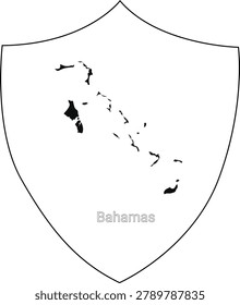 A stylized shield shape contains a black outline map of the Bahamas islands with the country name below.