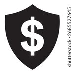 A stylized shield shape featuring a prominent dollar sign in a minimalist silhouette style, perfect for financial or security themes.