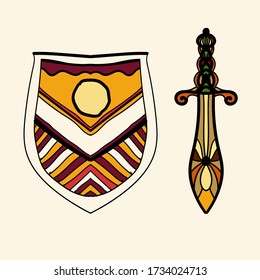 The stylized shield and sword are located side by side, presenting the idea of chivalry and the old European aristocracy. Heraldic series of vectors.