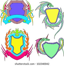 Stylized shield templates. Set of color vector illustrations