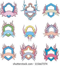 Stylized shields with motto ribbons. Templates. Set of vector illustrations.