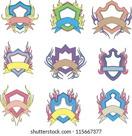 Stylized shields with motto ribbons. Templates. Set of vector illustrations.