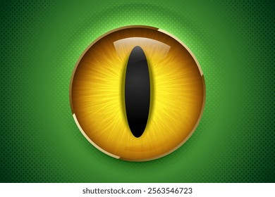 Stylized shine snake eye with yellow iris and golden rim on green scaly background with geometric pattern. Year of the snake graphic design. Abstract reptile or dragon eye vector style