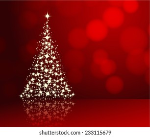 Stylized shining Christmas tree on red background with bokeh. Vector illustration