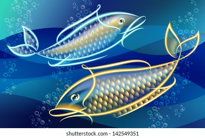 stylized shining fish in deep lake