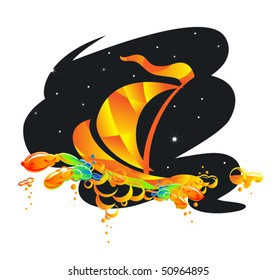stylized ship rocking on the waves, against the starry sky