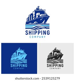 Stylized shipping company logo featuring a cargo ship with containers sailing on waves. The text "SHIPPING COMPANY" is below the ship. Ideal for maritime branding.