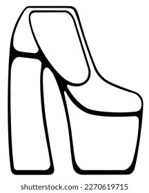 Zapato estilizado en una plataforma alta. Dibujo en blanco y negro. Un accesorio de moda. Para folletos, publicidad, tiendas, decoración.