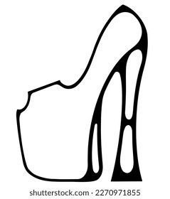 Zapato estilizado en una plataforma alta. Dibujo en blanco y negro. Un accesorio de moda. Para folletos, publicidad, tiendas, decoración.