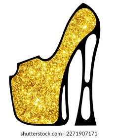 Stylized shoe on a high platform. Sketch, gold and black drawing. A fashion accessory. For flyers, advertising, shops, decoration.