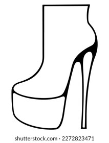 Stylized shoe on a high platform. Sketch, black and white drawing. A fashion accessory. For flyers, advertising, shops, decoration.
